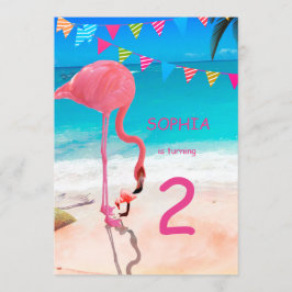 Cute Kids Rosa Blue Flamingo Beach Birhtday Inbjudningar