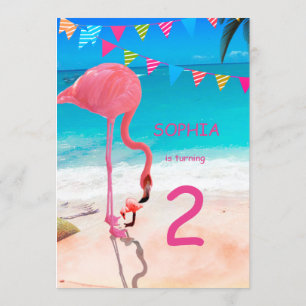 Cute Kids Rosa Blue Flamingo Beach Birhtday Inbjudningar