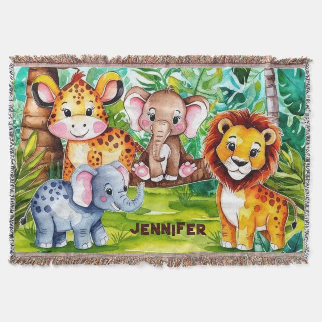 Cute Kids Safari Jungle Animals Personlig Namn Filt (Framsidan)