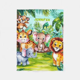 Cute Kids Safari Jungle Animals Personlig Namn Fleecefilt