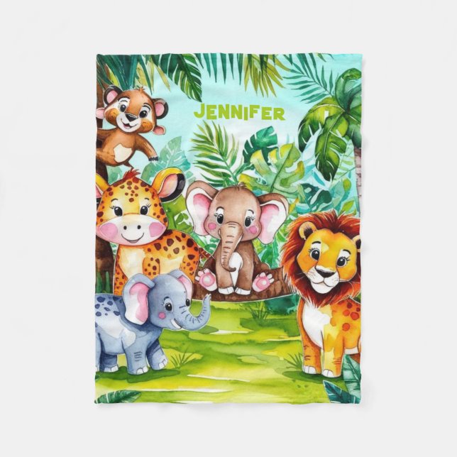 Cute Kids Safari Jungle Animals Personlig Namn Fleecefilt (Framsidan)