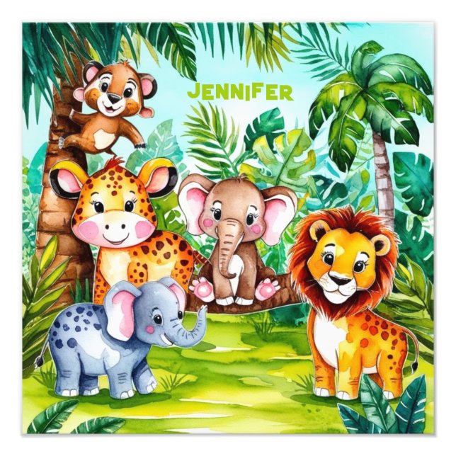 Cute Kids Safari Jungle Animals Personlig Namn Fototryck (Framsidan)