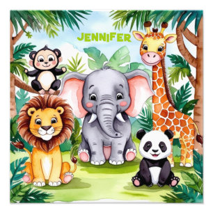 Cute Kids Safari Jungle Animals Personlig Namn Fototryck
