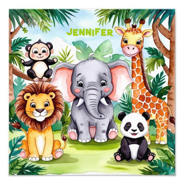 Cute Kids Safari Jungle Animals Personlig Namn Fototryck (Framsidan)