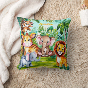 Cute Kids Safari Jungle Animals Personlig Namn Kudde