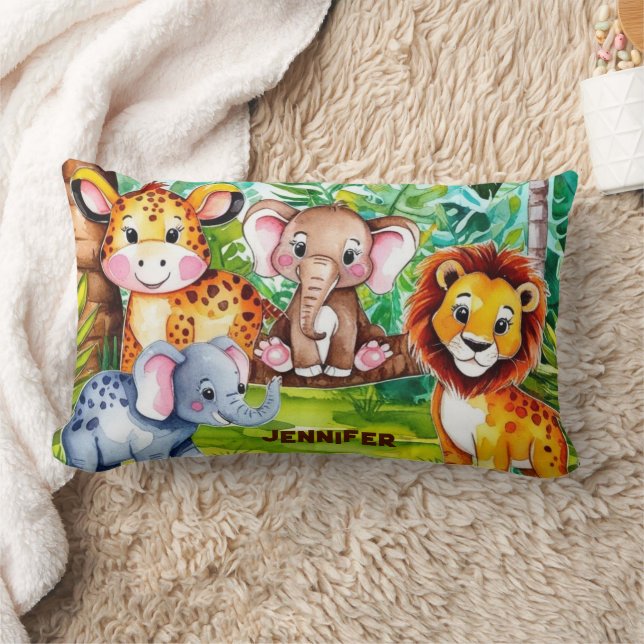 Cute Kids Safari Jungle Animals Personlig Namn Lumbarkudde (Filt)