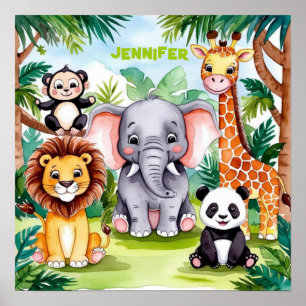 Cute Kids Safari Jungle Animals Personlig Namn Poster