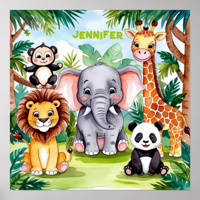 Cute Kids Safari Jungle Animals Personlig Namn Poster (Framsidan)