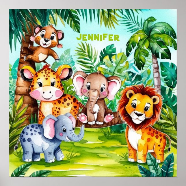 Cute Kids Safari Jungle Animals Personlig Namn Poster (Framsidan)