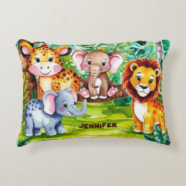 Cute Kids Safari Jungle Animals Personlig Namn Prydnadskudde
