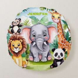 Cute Kids Safari Jungle Animals Personlig Namn Rund Kudde