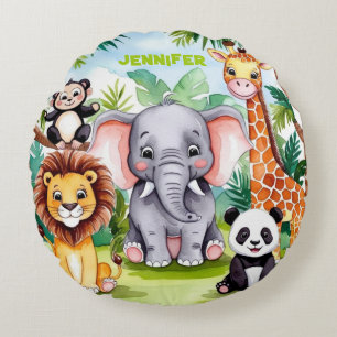 Cute Kids Safari Jungle Animals Personlig Namn Rund Kudde