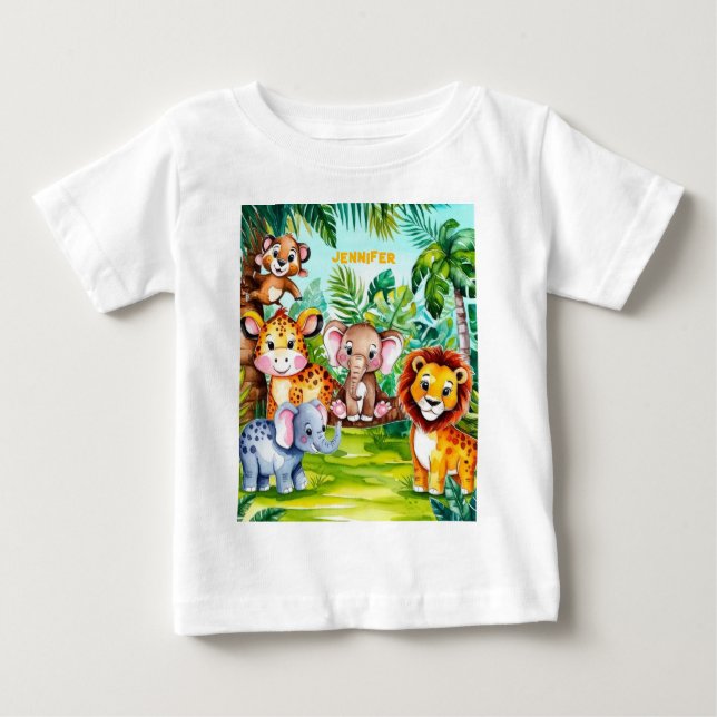 Cute Kids Safari Jungle Animals Personlig Namn T Shirt (Framsida)