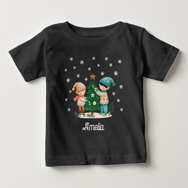 Cute Kids som dekorerar Julgran Teckning T Shirt (Framsida)