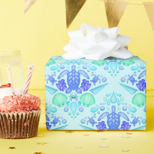 Cute Kids Tropical Blue Ocean Sea Turtle Presentpapper (Födelsedagsfest)