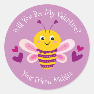 Cute Kids Valentines day Bee Sticker Runt Klistermärke