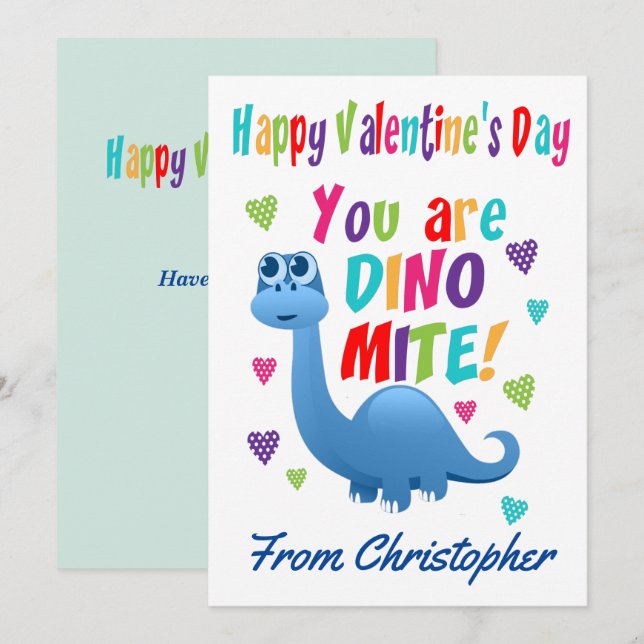 Cute Kids Valentines day Classroom Dinosaur Julkort (Fram/baksida)