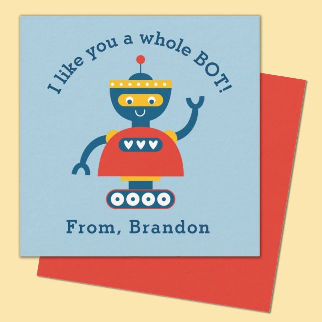 Cute Kids Valentines day Robot Note Card Anteckningskort (fun robot valentine.  perfect for a kids classroom exhange. personalize it with your kids name.)