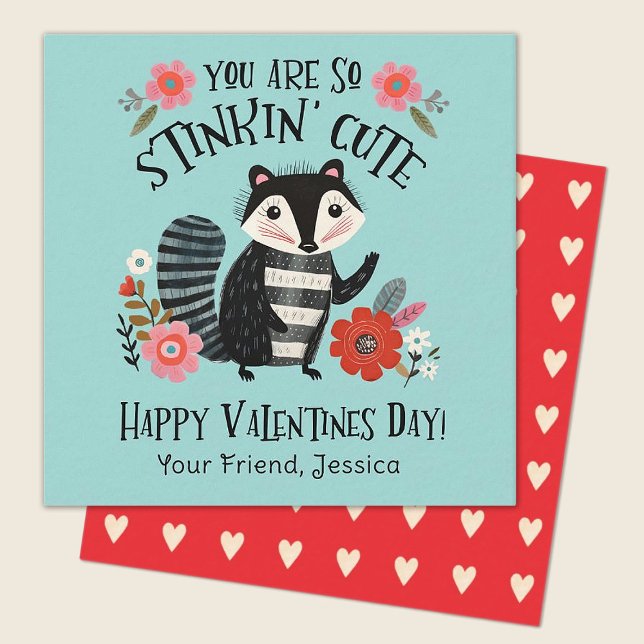 Cute Kids Valentines day Stinkin Cute Skunk Anteckningskort (Stinkin Cute skunk valentine.  perfect for a kids classroom exhange. Personalize it today!)
