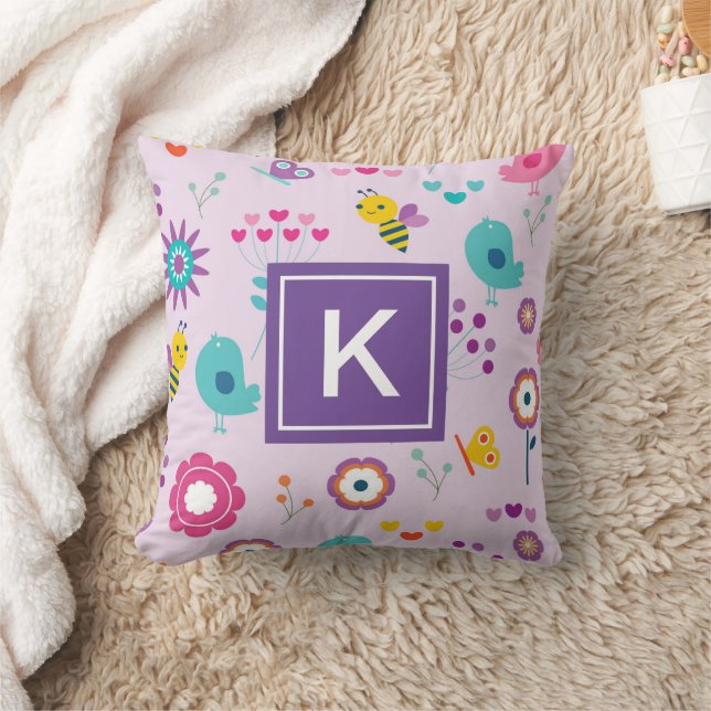 Cute Kids Vår Blommigt med Anpassningsbar Monogram Kudde (Filt)