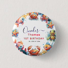 Cute Kids Watercolor Onder Sea 1:a födelsedagen Knapp