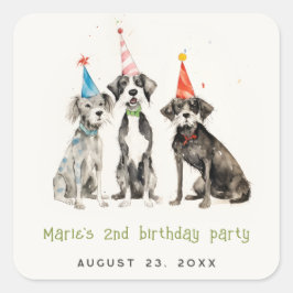 Cute Kids Watercolor Pawty Hund Födelsedagsfest Fyrkantigt Klistermärke