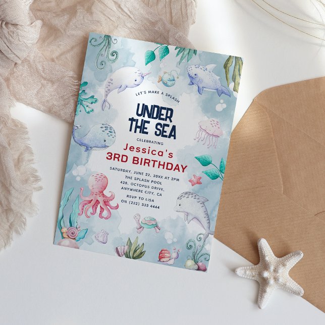 Cute Kids Watercolor under Sea Födelsedagsfest Inbjudningar (Skapare uppladdad)
