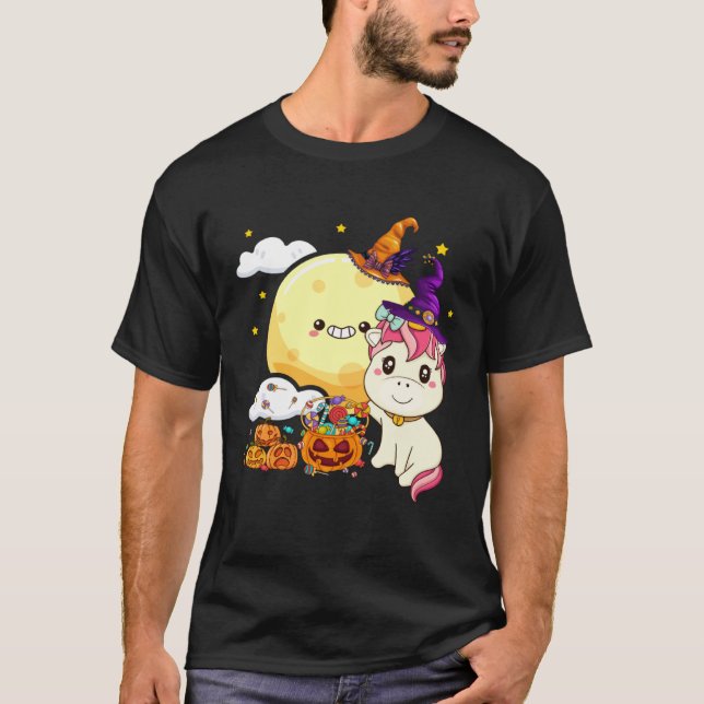 Cute Kids Witch Unicorn Girls Halloween T Shirt (Framsida)
