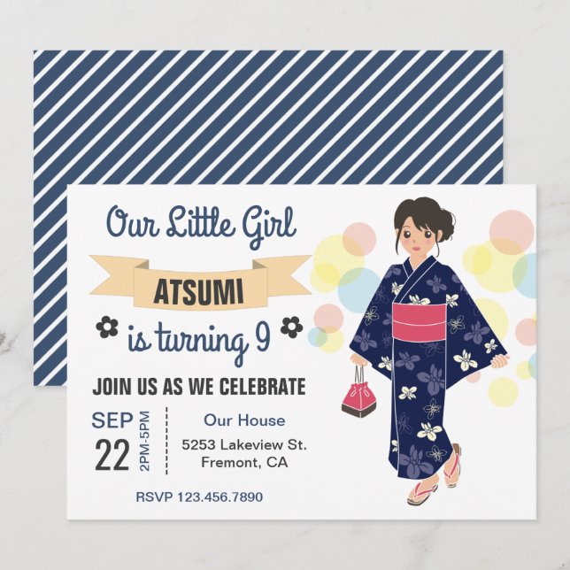 Cute Kimono Japanska Flickan Födelsedagsfest Inbju Inbjudningar (Fram/baksida)
