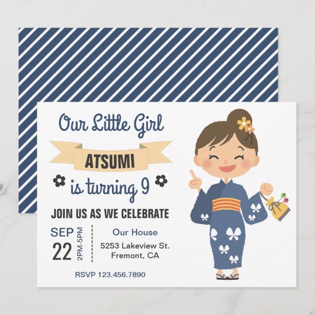 Cute Kimono Japanska Flickan Födelsedagsfest Inbju Inbjudningar (Fram/baksida)