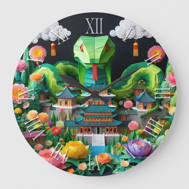 Cute Kinesisk nyårsnake Origami WC8 Stor Klocka (Framsida)