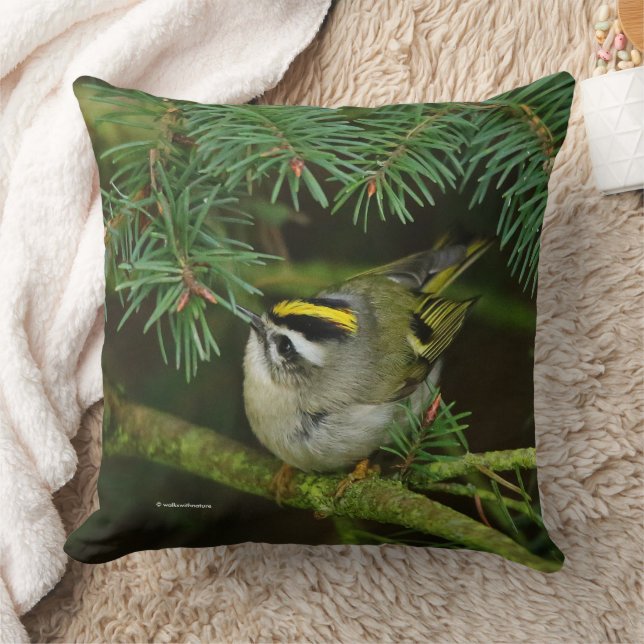 Cute Kinglet Songbird orsakar en stam i bron Kudde (Filt)