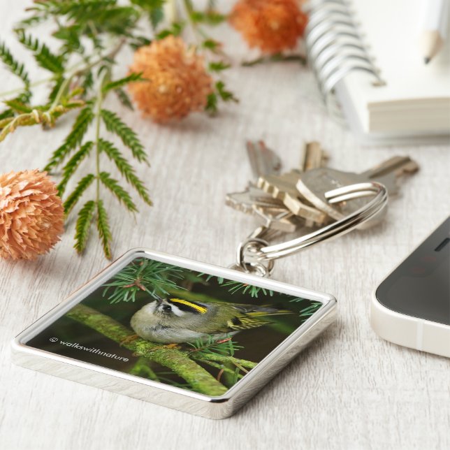 Cute Kinglet Songbird orsakar Stir i bron Fyrkantig Silverfärgad Nyckelring (Sidan)