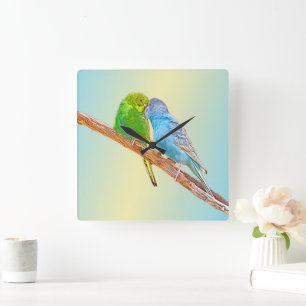 Cute kissing budgies - akryl på pastellbakgrund fyrkantig klocka