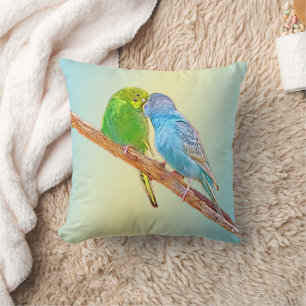 Cute kissing budgies - akryl på pastellbakgrund kudde
