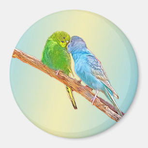 Cute kissing budgies - akryl på pastellbakgrund magnet