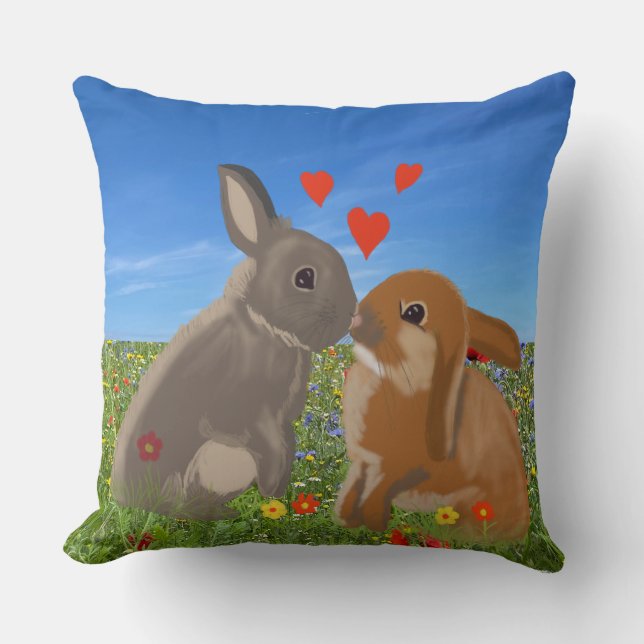 Cute Kissing Bunnies Valentineser Kudde (Framsida)