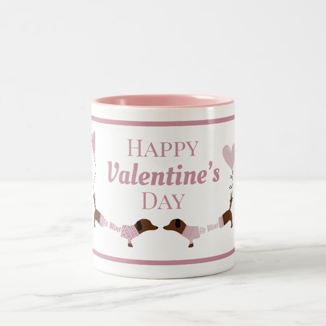 Cute Kissing Dachshund Wiener Hund Valentines Rosa Två-Tonad Mugg (Center)