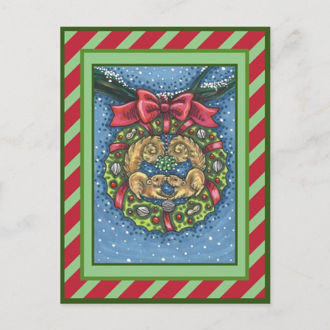 CUTE KISSING SQUIRRELS UNDER MISTLETOE, NÖT WREATH HELG VYKORT (Framsida)
