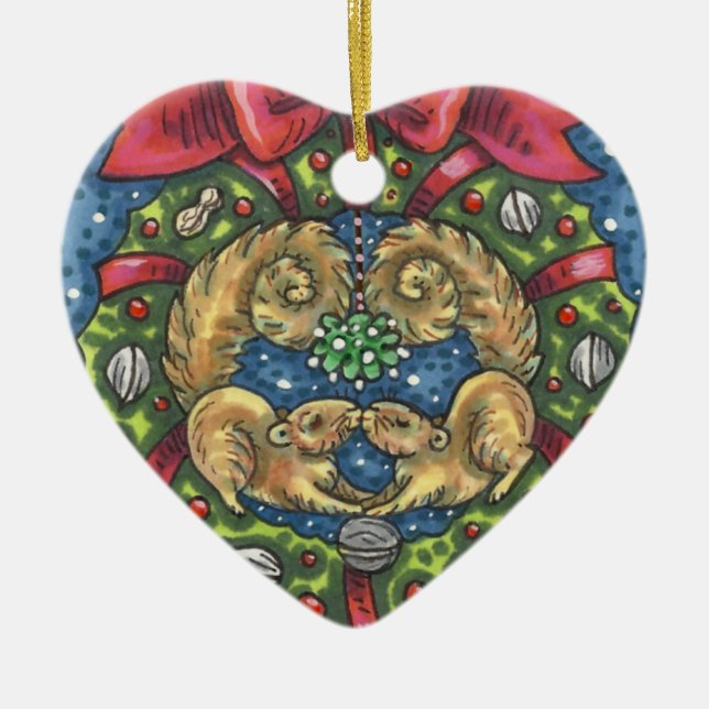 CUTE KISSING SQUIRRELS UNDER MISTLETOE, NÖT WREATH JULGRANSPRYDNAD KERAMIK (Framsidan)
