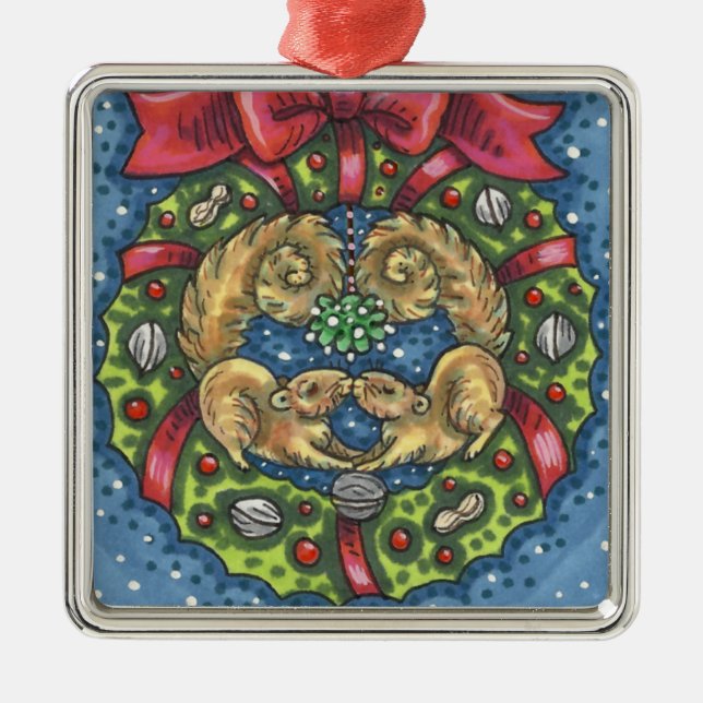 CUTE KISSING SQUIRRELS UNDER MISTLETOE, NÖT WREATH JULGRANSPRYDNAD METALL (Framsidan)