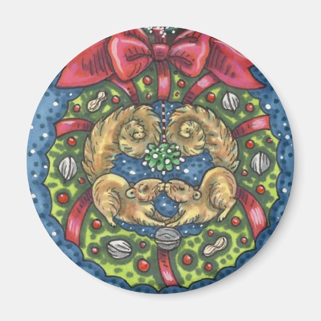 CUTE KISSING SQUIRRELS UNDER MISTLETOE, NÖT WREATH MAGNET (Framsidan)