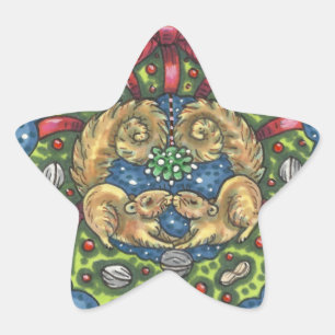 CUTE KISSING SQUIRRELS UNDER MISTLETOE, NÖT WREATH STJÄRNFORMAT KLISTERMÄRKE