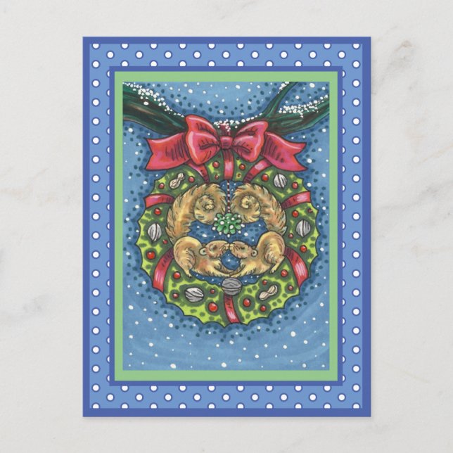 CUTE KISSING SQUIRRELS UNDER MISTLETOE, NÖT WREATH VYKORT (Framsida)