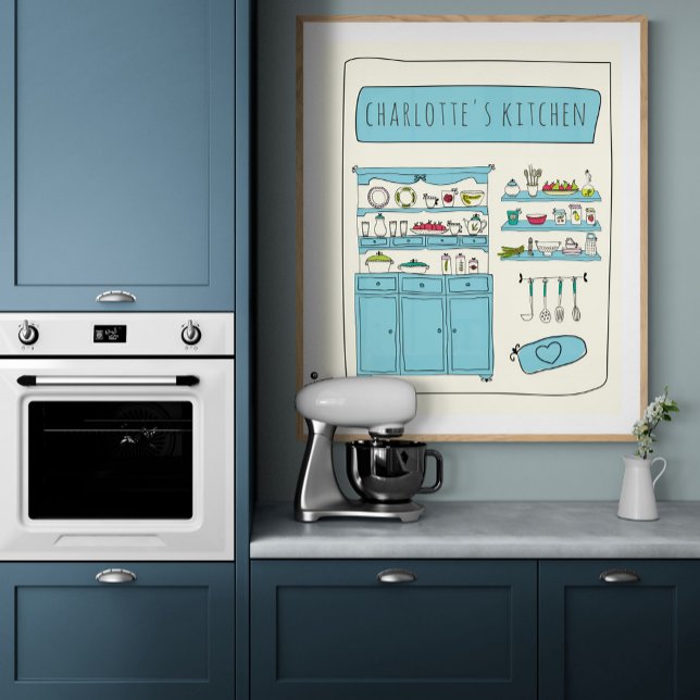 Cute Kitchen Illustration Blue Personlig Namn Poster (Skapare uppladdad)