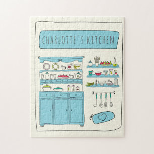 Cute Kitchen Illustration Blue Personlig Namn Pussel