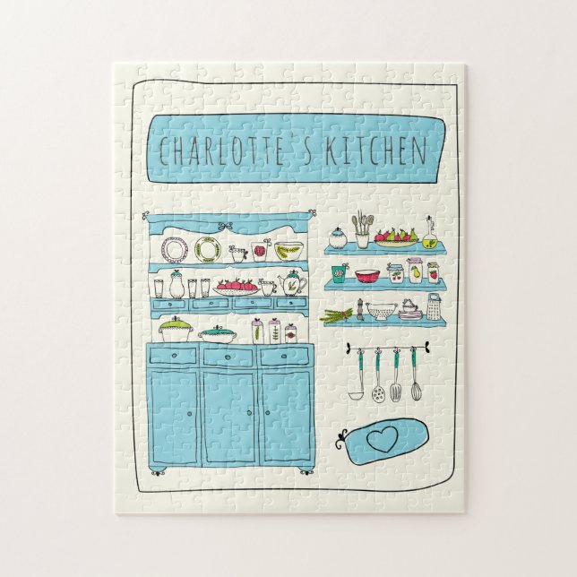 Cute Kitchen Illustration Blue Personlig Namn Pussel (Vertikal)