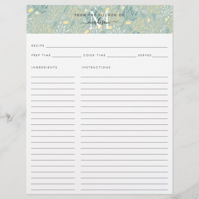 Cute Kitchen Monogram Teal Blommigt Botanipe (Framsida)