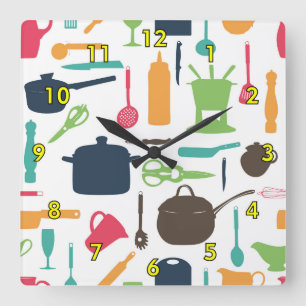 Cute Kitchen Verktyg Silhouette Illustration Fyrkantig Klocka