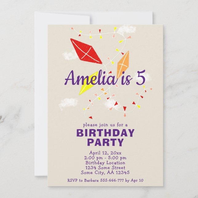 Cute Kites i Himmel Teckning Barns födelsedag Inbjudningar (Framsida)